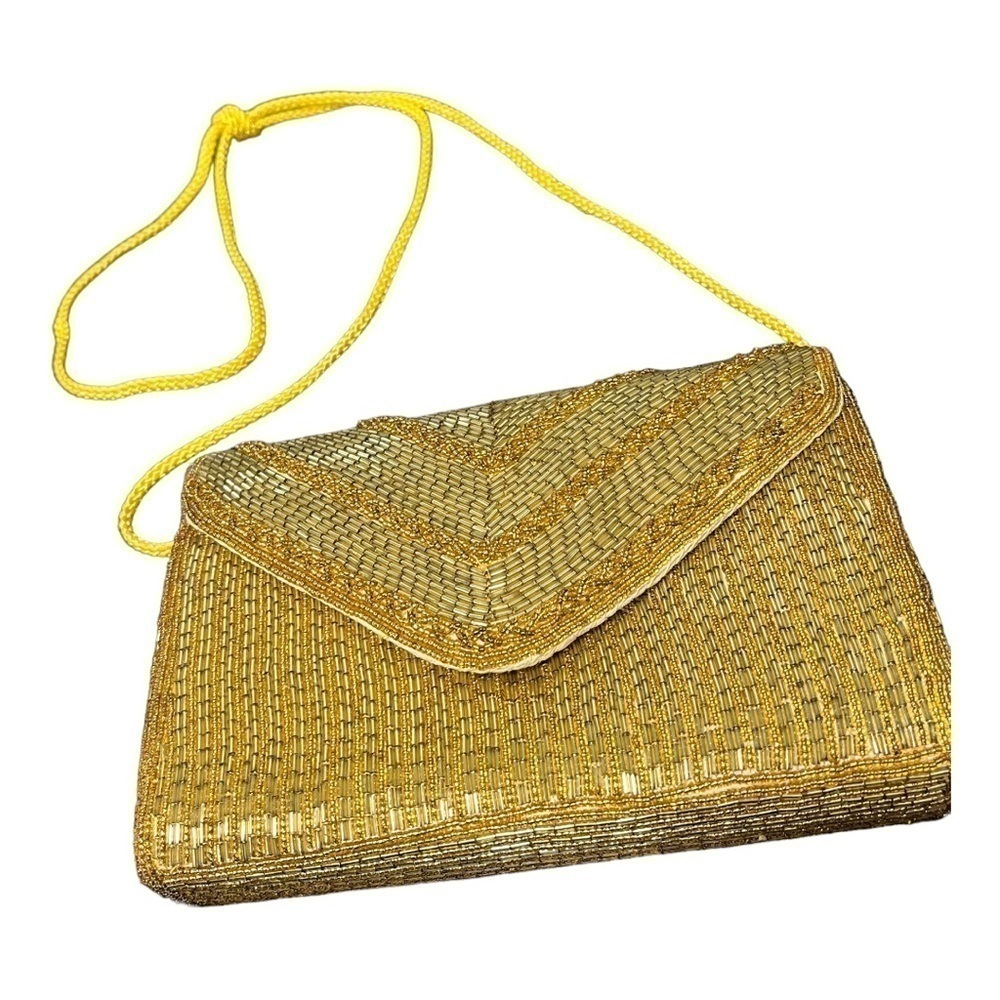 Gold beaded evening/formal purse envelope close shoulder strap crossbody elegant